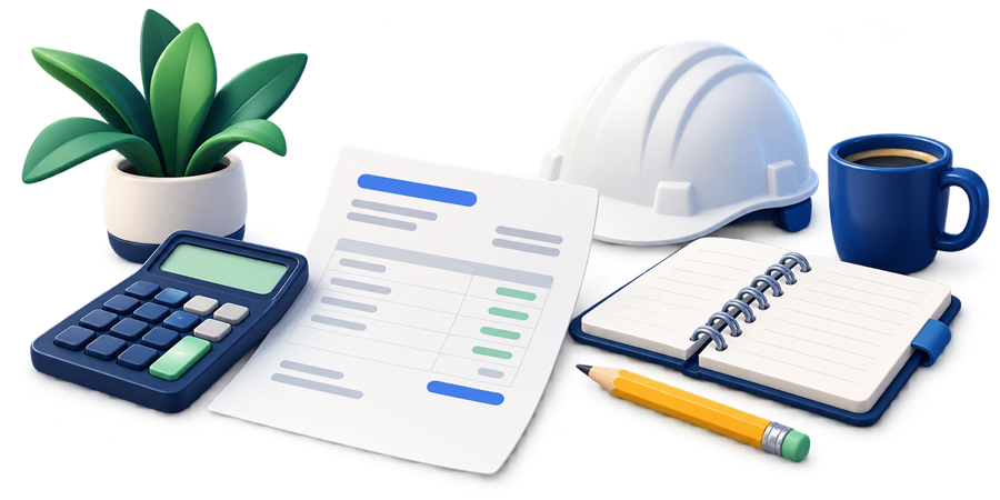 Factura, calculadora y cuaderno de trabajo