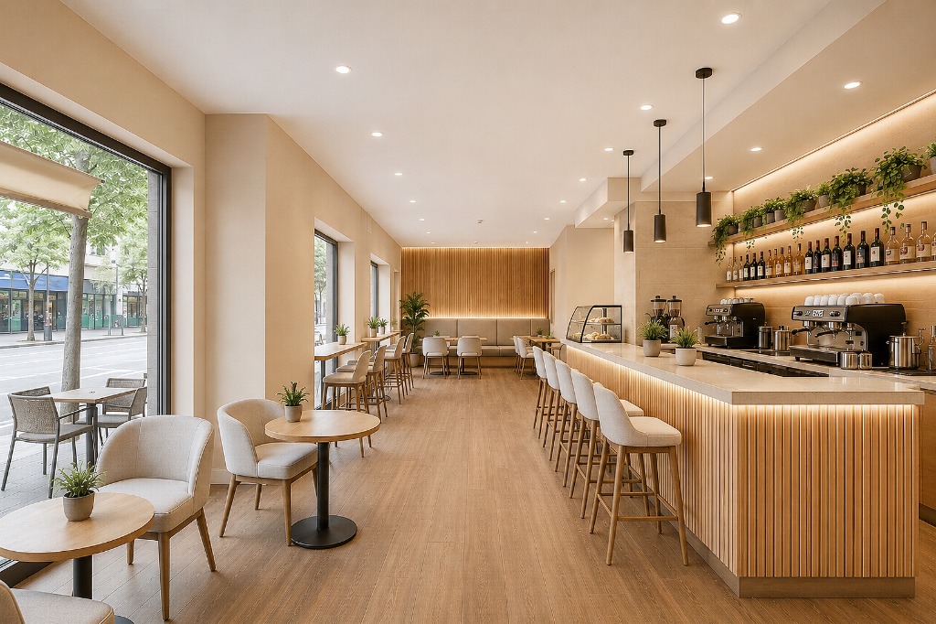Espacio comercial premium con cafetería y mobiliario de diseño