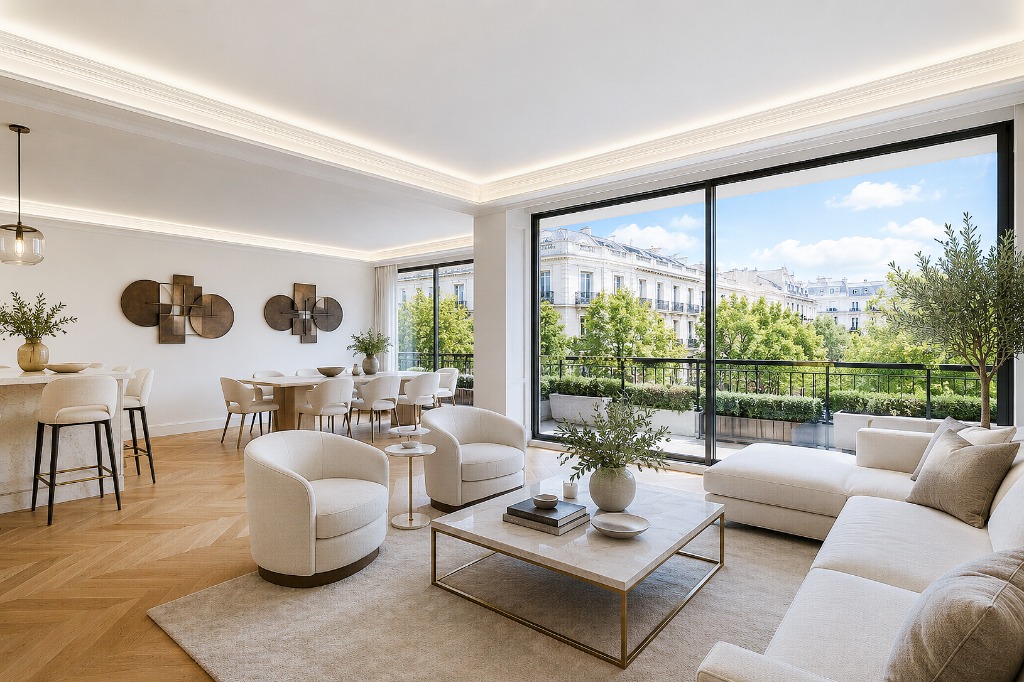 Residencia de alto standing con salón diáfano y mobiliario curvo