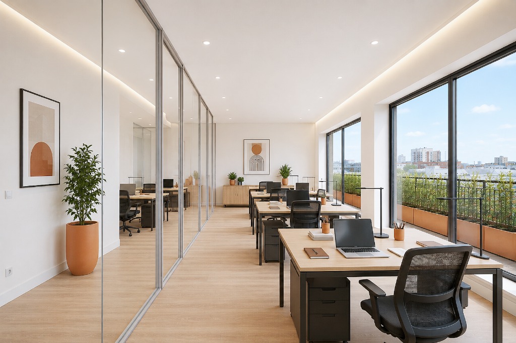 Workspace corporativo premium con mamparas de cristal y escritorios ergonómicos
